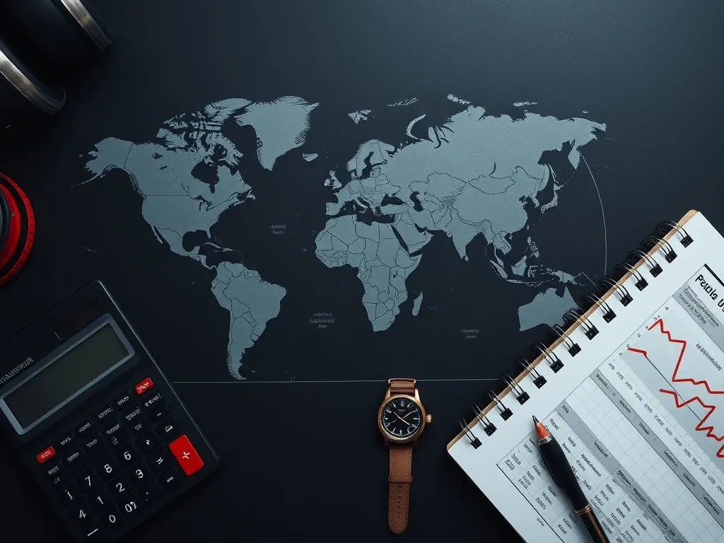 A technical top-down view of a dark desk with a world map, a